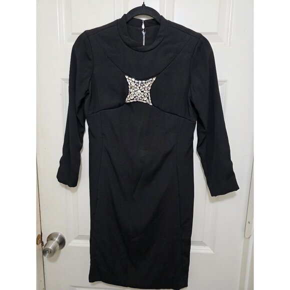 VTG Black Mini Hippie Dress Y2K 80s Boho Rhinestone & Pearl Embellishment 3/4 Sl - Picture 2 of 8